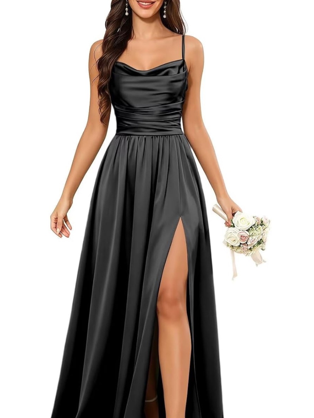 Elegant Black Satin Spaghetti Strap Evening Dress